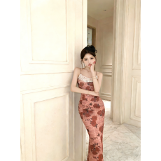 批发模特实拍新款时尚气质网纱印花拼蕾丝吊带<b class='q'>连衣裙</b>