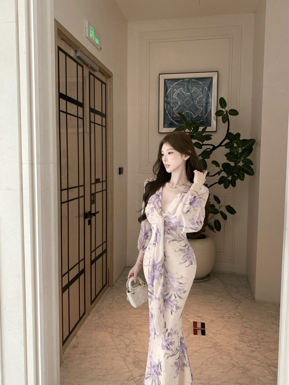 모델 실사 새로운 품격 V넥 레이스 레이스 슬립 롱 코트 드레스 큰 손 소매 오픈 가디건
