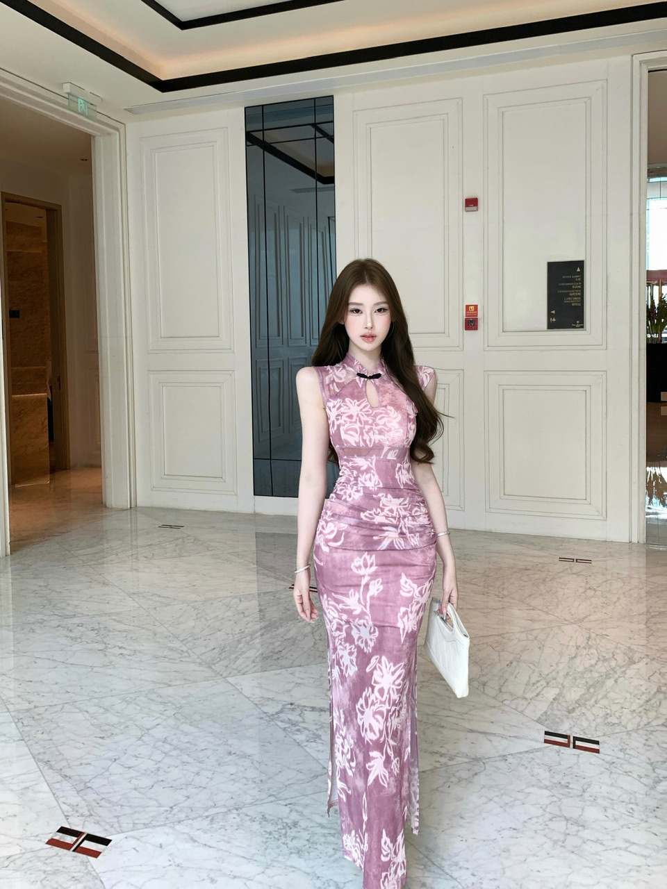 모델 실사 새로운 품격 향상된 버전 새로운 중식 허리 수축 프린트 치파오 드레스