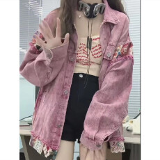 批发美式复古甜酷粉色拼接牛仔外套女春秋季新款宽松工装夹克潮