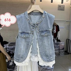 批发2026新款时尚花边拼接<b class='q'>牛仔</b><b class='q'>马甲</b>外套女春秋无袖<b class='q'>背心</b><b class='q'>马夹</b>