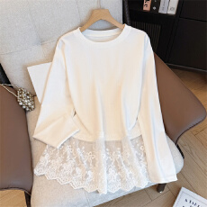 批发实拍大码女装白色蕾丝拼接纯棉打底外穿上衣百搭简约风薄款长袖衫