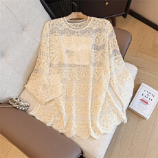批发实拍胖MM大码女装春装镂空高级感百搭蕾丝上衣宽松显瘦长袖T恤