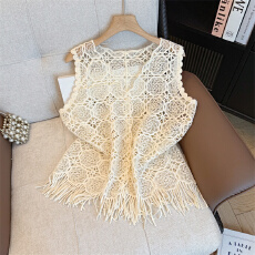 批发实拍大码女装<b class='q'>蕾丝</b>芙蓉花欧货单排扣重工镂空勾花流苏减龄<b class='q'>背心</b>马夹