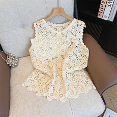 批发实拍大码女装<b class='q'>蕾丝</b>芙蓉花欧货单排扣重工镂空勾花百搭减龄<b class='q'>背心</b>马夹