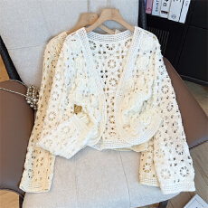 批发实拍大码女装早春法式钩花镂空立体花针织开衫高级感防晒罩衫上衣