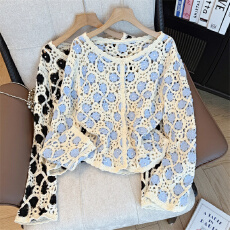 批发实拍大码女装早春法式钩花镂空针织开衫外套显瘦花朵外搭罩衫上衣