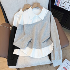 批发实拍大码女装春新款设计感洋气减龄撞色拼接假两件衬衫领T恤上衣