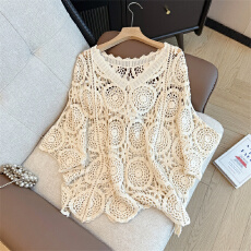 批发实拍大码女装法式钩花镂空蝙蝠袖针织罩衫胖妹妹<b class='q'>宽松</b>百搭减龄上衣