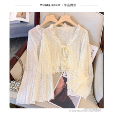 批发实拍<b class='q'>大码</b>女超仙温柔风木耳边绑带防晒<b class='q'>开衫</b>蕾丝喇叭袖短款轻薄上衣