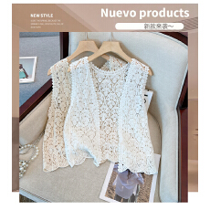 批发实拍大码女装夏季新款纯棉宽松显瘦钩花编织马甲女士镂空外搭开衫