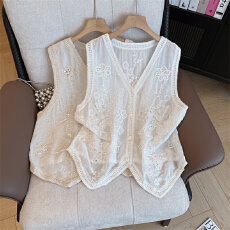 批发实拍大码女装女装夏季新款宽松钩花镂空重工珠片刺绣蕾丝马甲