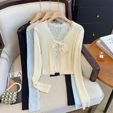 批发实拍大码女装法式蕾丝拼接花边针织开衫防晒空调罩衫薄款冰丝外搭