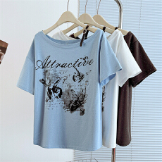 批发实拍大码女装<b class='q'>夏</b>新款不规则印花设计百搭斜肩T恤休闲显瘦个性上衣