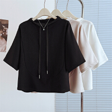 批发实拍大女装时尚韩版抽绳短袖<b class='q'>卫衣</b>夏季新款简约百搭上衣潮