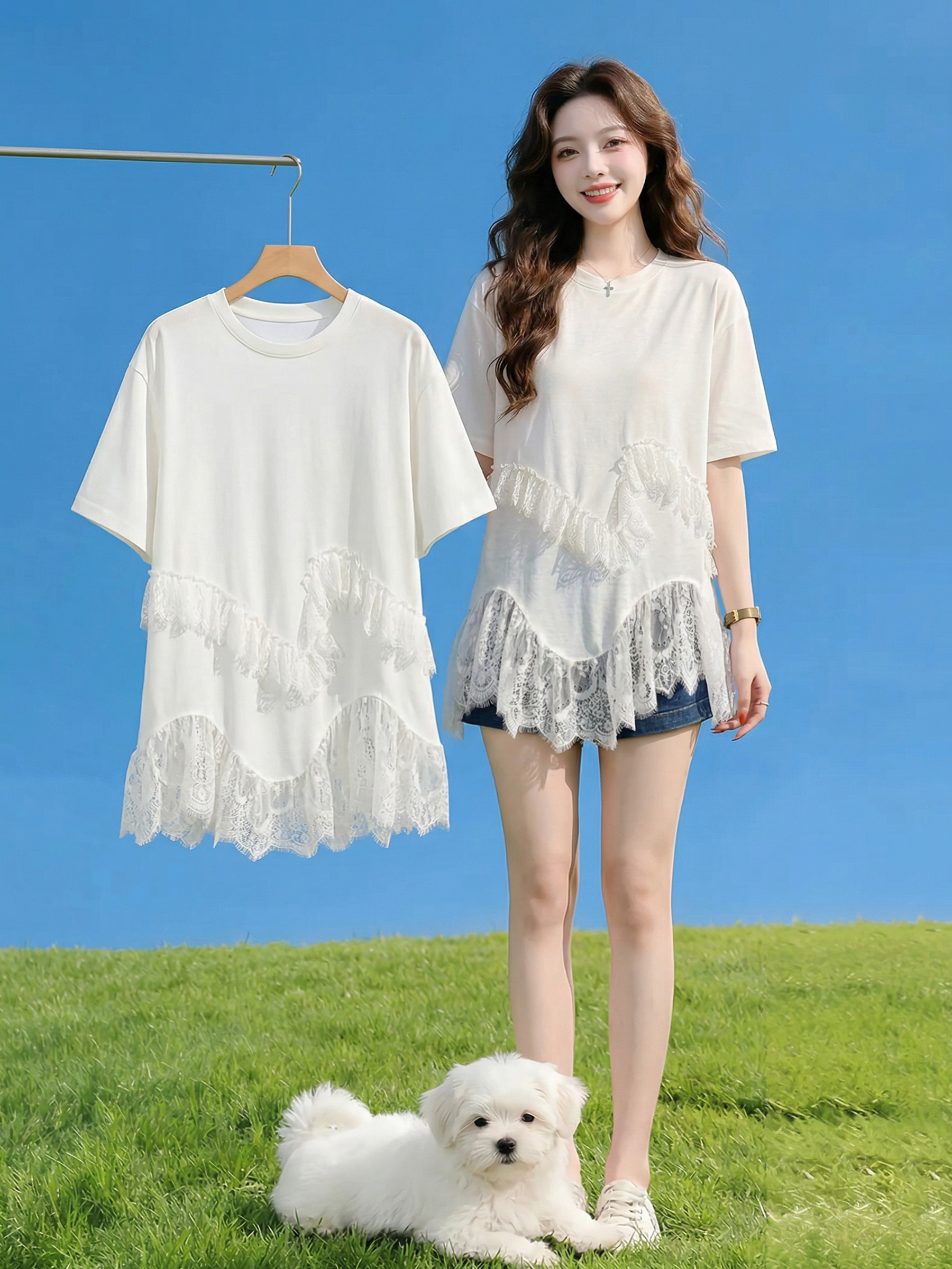 RY3788# 实拍大码胖mm夏季新款设计感不规则蕾丝拼接短袖T恤女宽松上衣