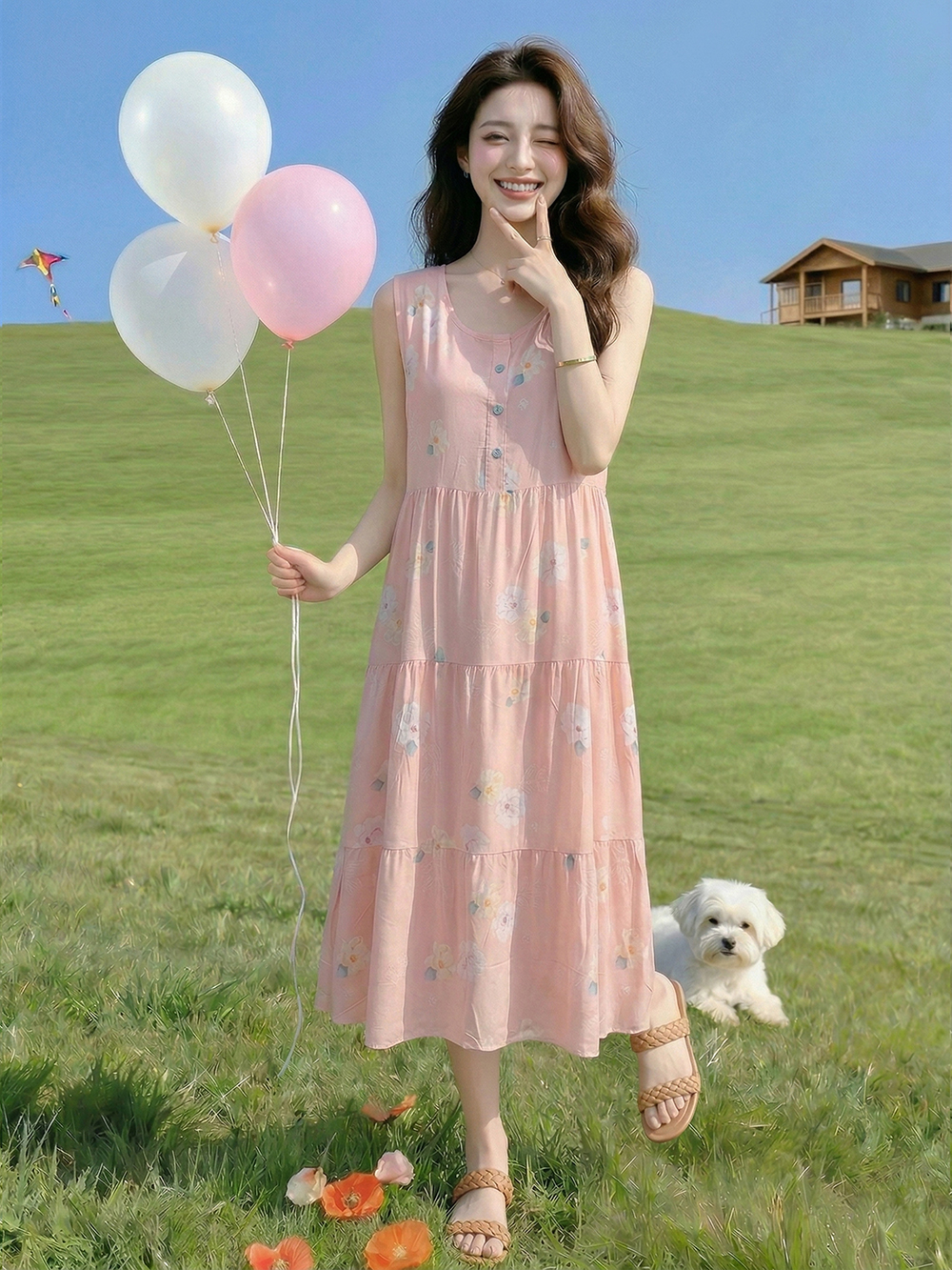 RY3789# 实拍大码女装夏装新款日韩通勤百搭人棉长款无袖连衣裙