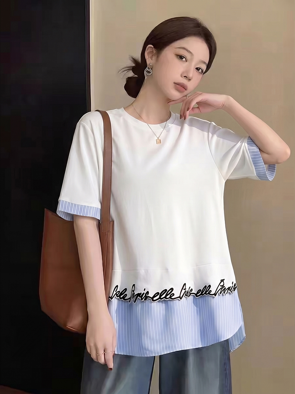 실사 빅 사이즈 고유 한 품격 패치워크 스트라이프 다용도 반팔 티셔츠 여름 착용 가져 가라. 새로운 디자인 센스 맨위