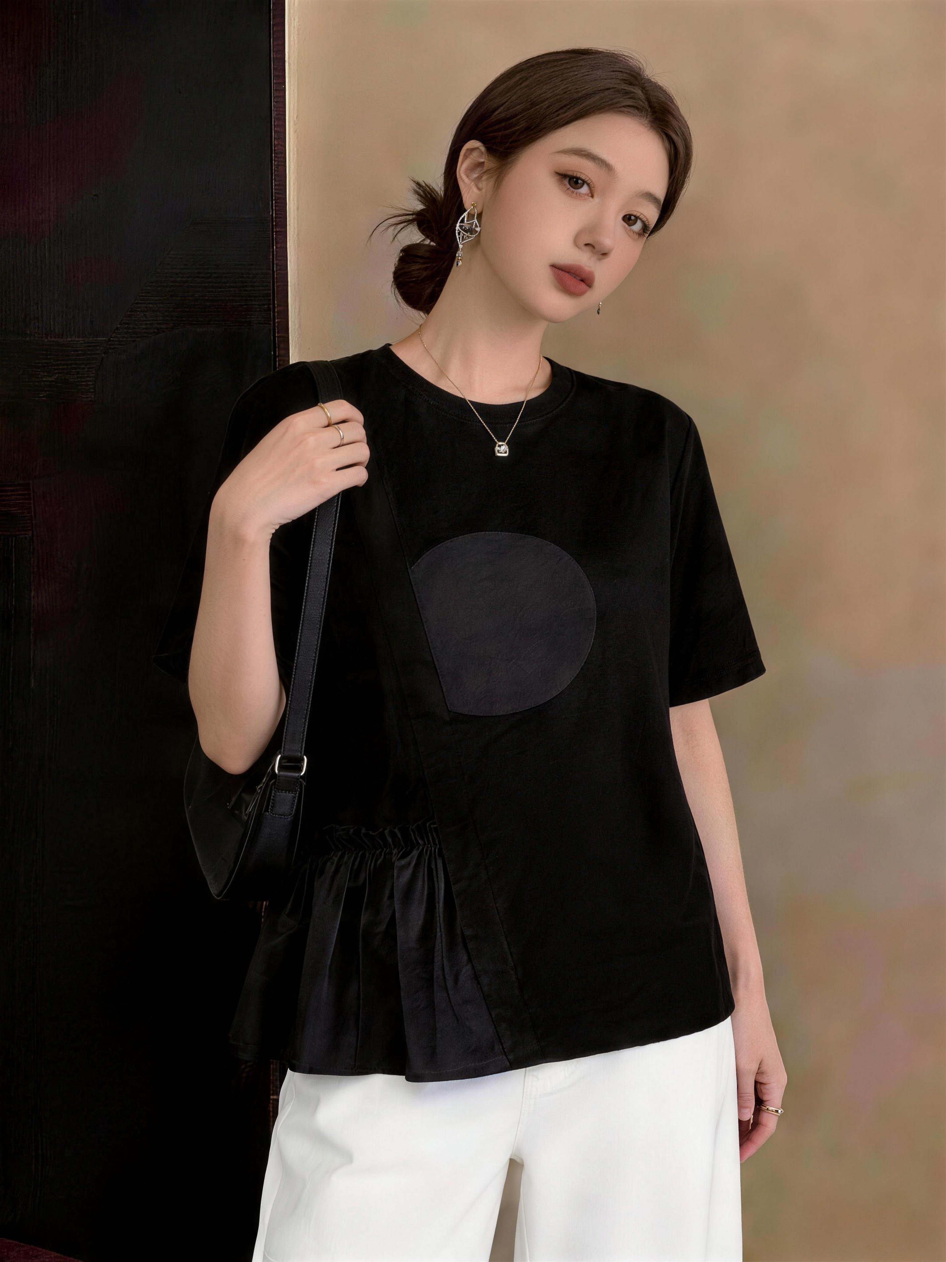 실사 빅 사이즈 여성 의류 여름 새로운 한국 스타일 디자인 센스 패치워크 다용도 반팔 지방 mm 루즈핏 표지 배 티셔츠