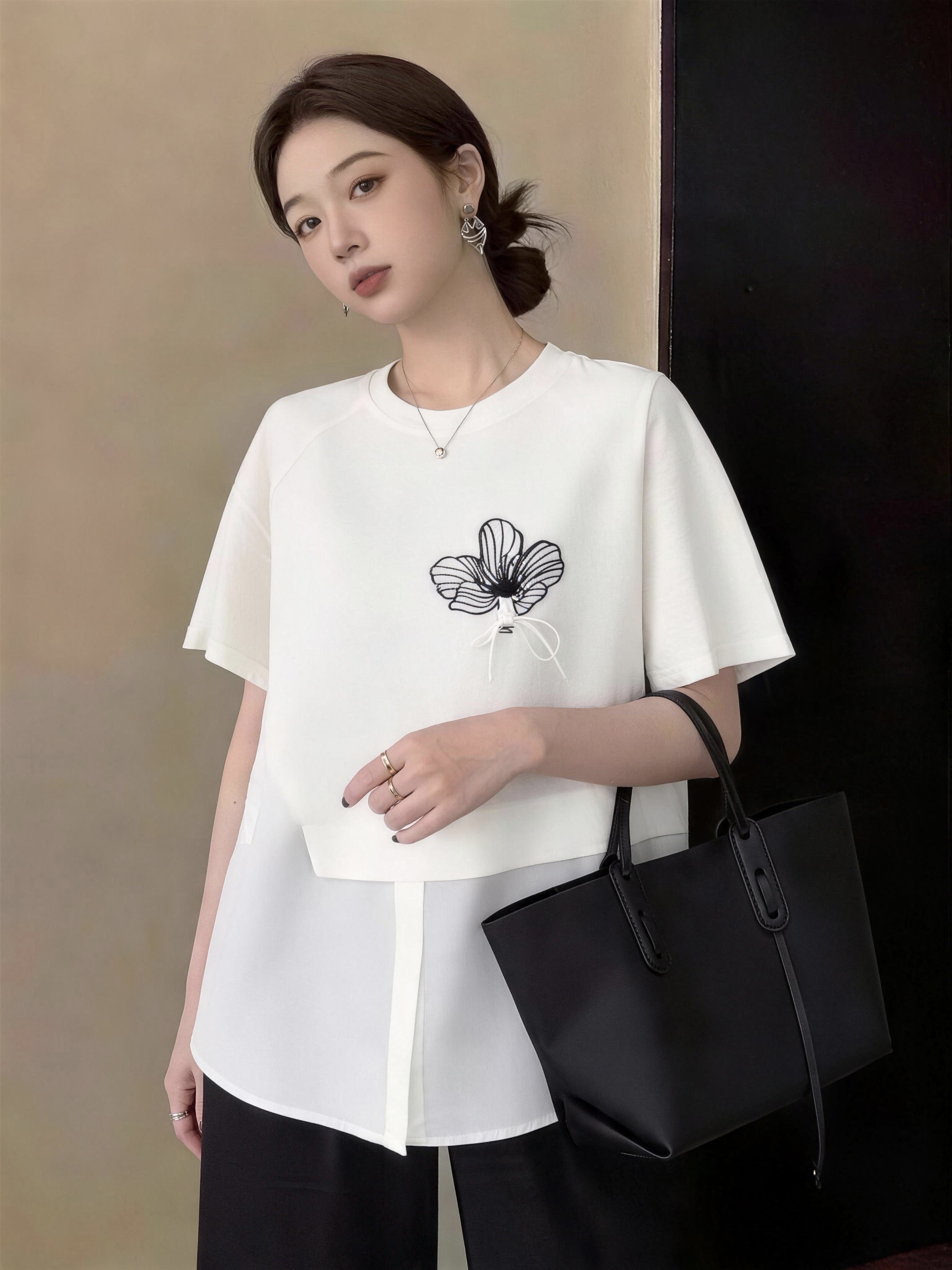 실사 빅 사이즈 여성 의류 여름 달콤함 루즈핏 캐주얼 바람 패션 풀오버 패션 꽃 프린트 페이크 레이어드 맨위