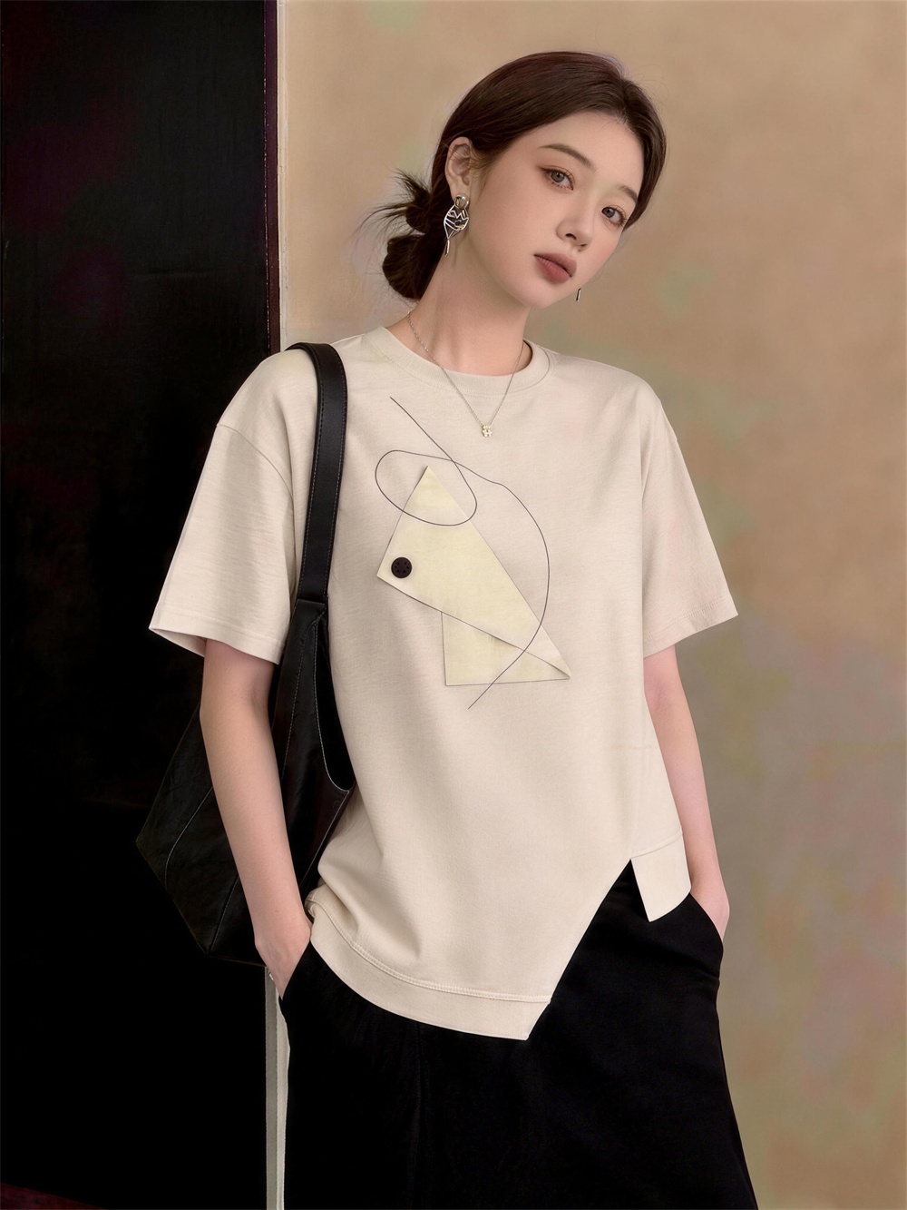 실사 빅 사이즈 여름 새로운 지방 mm 외국 가스 연령 감소 루즈핏 캐주얼 패션 미니멀리즘 패치워크 반팔 티셔츠