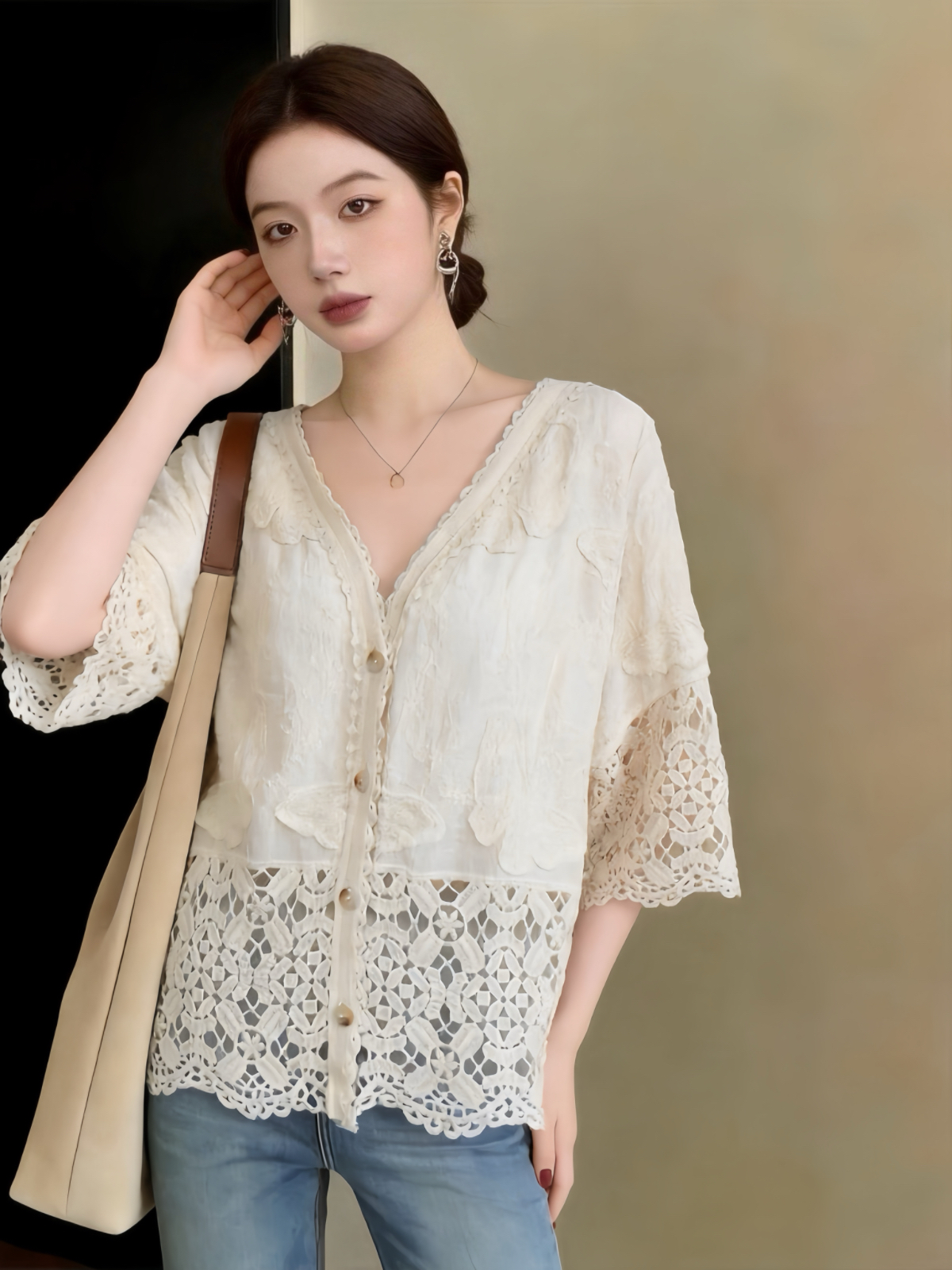실사 빅 사이즈 지방 mm 여름 새로운 V넥 3 차원 꽃 레이스 블라우스 7부 소매 자외선 차단 오픈 가디건 맨위