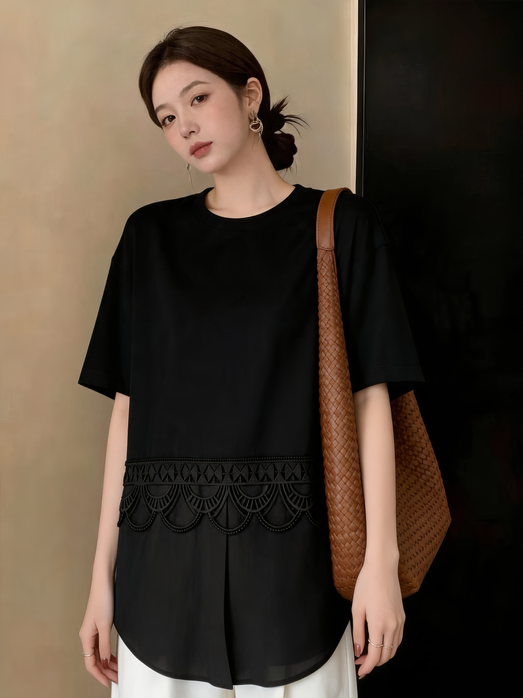 실사 빅 사이즈 여성 의류 여름 패션 미니멀리즘 패치워크 루즈핏 슬림해 보이는 지방 mm 캐주얼 표지 고기 반팔 티셔츠 맨위