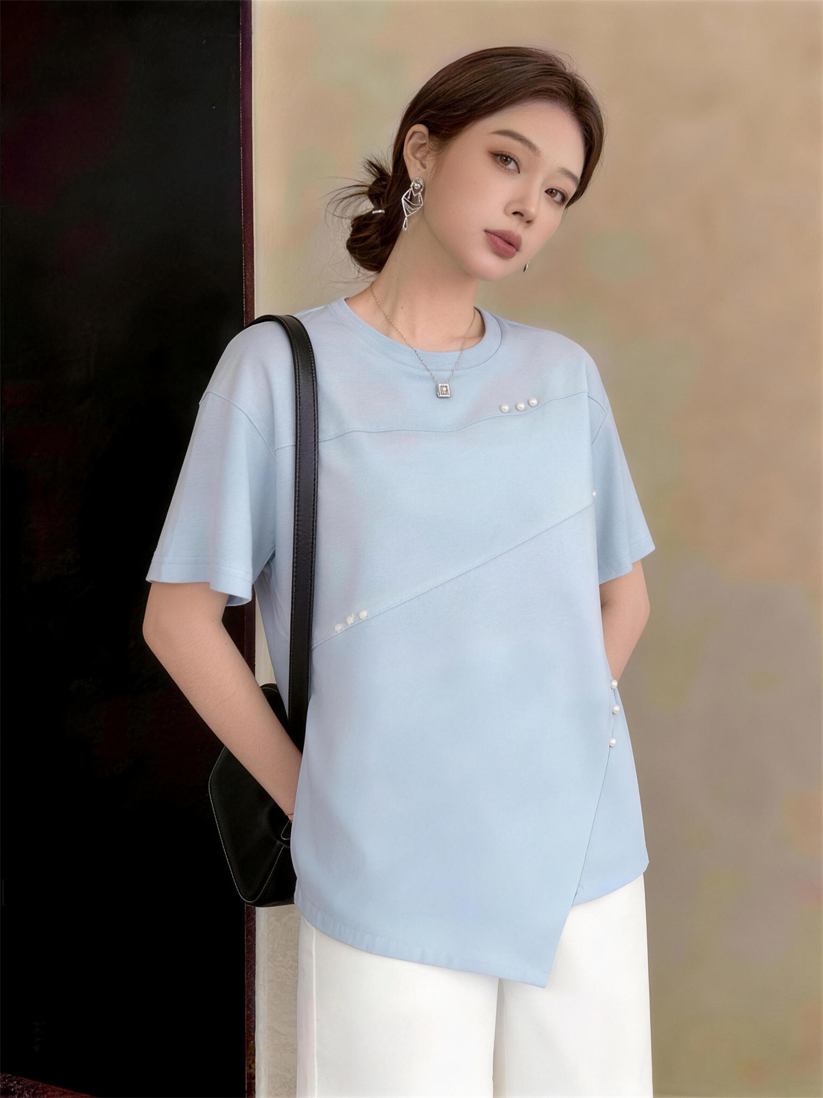 실사 여름 새로운 라운드 넥 풀오버 반팔 티셔츠 빅 사이즈 비대칭 패치워크 루즈핏 단색 맨위