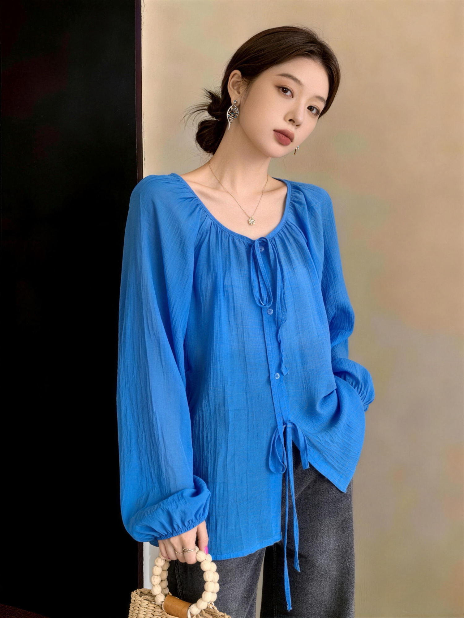 실사 빅 사이즈 여성 의류 여름 루즈핏 다용도 자외선 차단 의류 라운드 넥 나비 매듭 미니멀리즘 디자인 센스 캐주얼 긴팔 셔츠