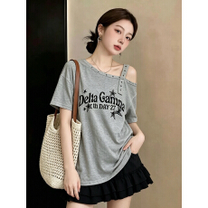 批发实拍大码女装夏胖妹妹字母印花斜领露肩<b class='q'>T</b><b class='q'>恤</b>套头宽松显瘦百搭上衣