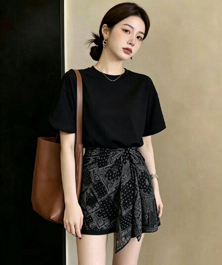실사 빅 사이즈 패션 불규칙 허리 수축 슬림해 보이는 티셔츠 치마 한 부서 레트로 방귀 커튼 스트랩 페이크 레이어드 드레스