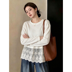 批发实拍大码女装白色蕾丝拼接纯棉打底外穿上衣百搭简约风薄款长袖衫