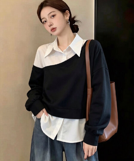 실사 빅 사이즈 여성 의류 고유 한 셔츠 패치워크 단색 긴팔 후드티 지방 mm Chic 페이크 레이어드 맨위