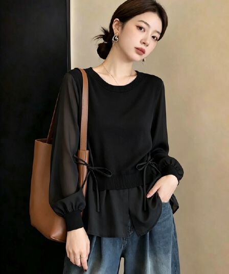 실사 빅 사이즈 여성 의류 가을 새로운 루즈핏 슬림해 보이는 연령 감소 페이크 레이어드 니트 쉬폰 블라우스 한국 스타일 맨위