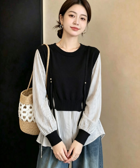 실사 빅 사이즈 여성 의류 2026 새로운 가을 슬림해 보이는 고급 센스 루즈핏 연령 감소 페이크 레이어드 긴팔 셔츠