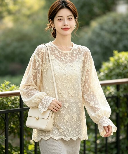 실사 빅 사이즈 가을 새로운 라운드 넥 3 차원 자수 홀로우 아웃 루즈핏 레이스 셔츠 고급 인사이드 가져 가라. 기본 셔츠 맨위