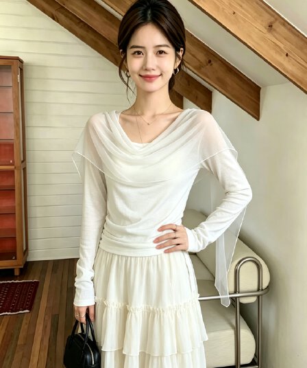 실사 빅 사이즈 프랑스식 오프숄더 흔들다 칼라 긴팔 니트 기본 셔츠 고급 센스 품격 Tulle 패치워크 맨위
