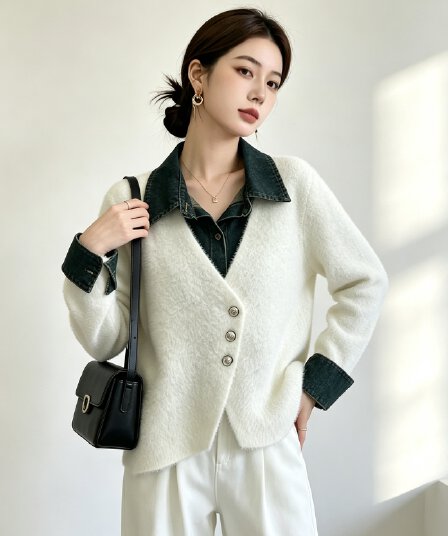 실사 빅 사이즈 여성 의류 가을 겨울 데님 패치워크 가짜 2 피스 슈트 스웨터 코트 작은 샤넬 스타일 모방 밍크 울 니트 스웨터