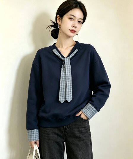 실사 빅 사이즈 지방 mm 새로운 디자인 센스 V넥 풀오버 체크무늬 넥타이 후드티 미니멀리즘 표지 고기 슬림해 보이는 맨위