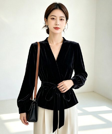 실사 빅 사이즈 여성 의류 가을 신제품 패션 작은 셔츠 외출용 셔츠 허리 수축 스트랩 오픈 가디건 금사 벨벳 맨위