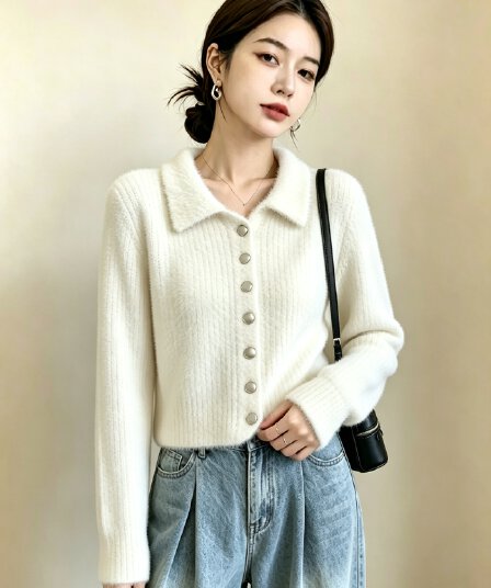 실사 빅 사이즈 여성 의류 미니멀리즘 몸매 가꾸기 슬림해 보이는 쇼트 스타일 모방 수달 플리스 부드러운 찹쌀 니트 오픈 가디건 스웨터 맨위