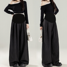 批发2026新款孕妇春夏时尚经典休闲阔腿瘦拖地裤高级感黑色条纹西装裤