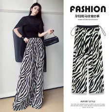 批发2026新款孕妇夏装时尚经典休闲阔腿裤高级感斑马纹雪纺孕妇裤裙