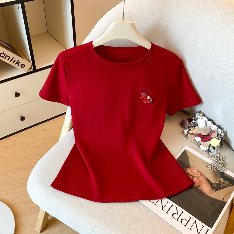 RY198# 实拍春新款红色小马贴布圆领短袖T恤女2026新款百搭休闲上衣