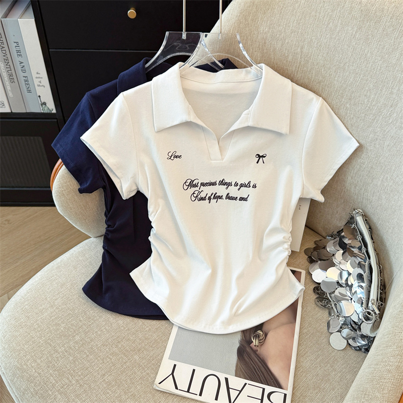 실사 여름 새로운 긍정적 인 어깨 허리 수축 POLO 칼라 반팔 티셔츠 여성 다용도 슬림해 보이는 달콤한 매운맛 바람 맨위