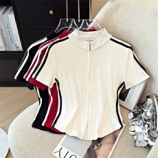 批发实拍新款立领短袖T恤女<b class='q'>修身</b>显瘦开衫时尚<b class='q'>运动</b>百搭双拉链上衣