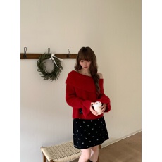 批发有货实拍 韩系温柔气质<b class='q'>荷叶边</b>斜肩<b class='q'>毛衣</b>