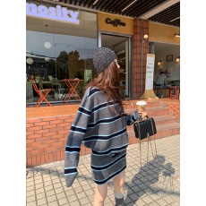 批发有货实拍  韩国原单复古撞色条纹毛衣松紧半身裙套装