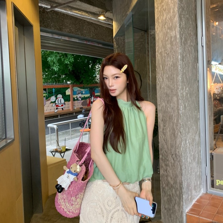 재고 있음 실사 한 부서 디자인 센스 주름 주름 다용도 행침 목 레이스업 조끼 맨위