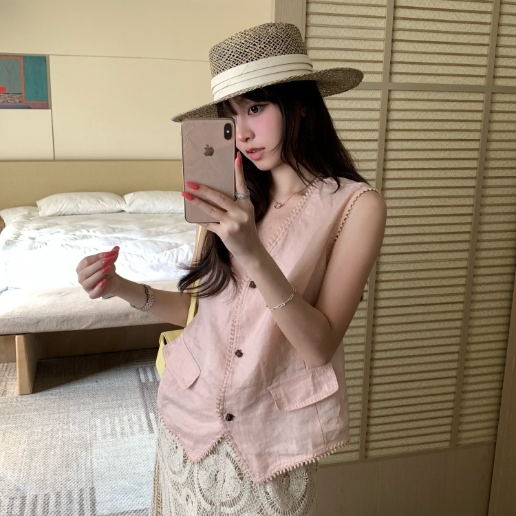 재고 있음 실사 한 부서 오리지널 디자인 100 아마 분유 색상 조끼